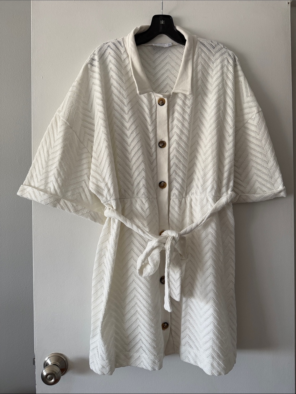 ASOS DESIGN Chevron Pointelle Knit Shirt Dress Cream Ivory Button Belted Size 12